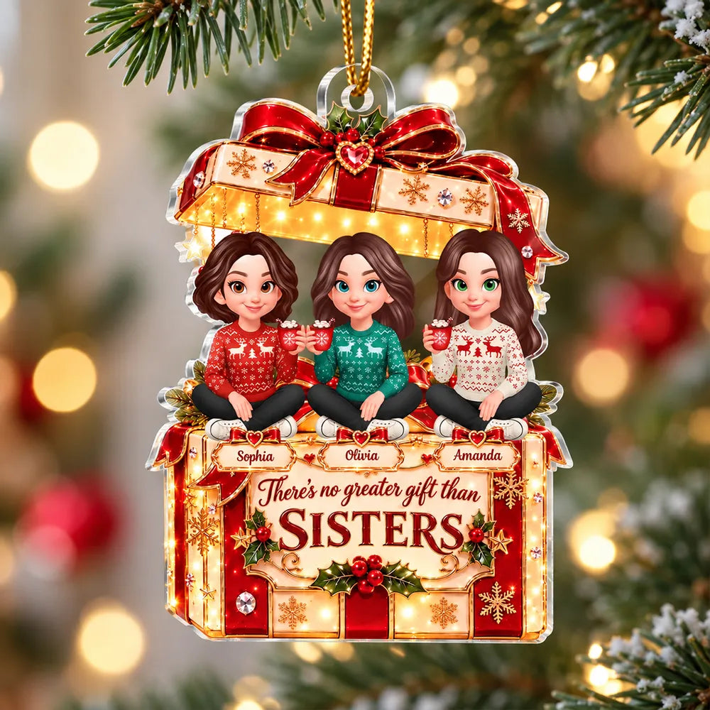 Personalized Acrylic Ornament, Cartoon Sisters Holding Mugs, Red & Gold Unique Christmas Gift for Sisters