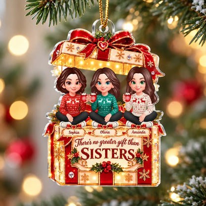 Personalized Acrylic Ornament, Cartoon Sisters Holding Mugs, Red & Gold Unique Christmas Gift for Sisters