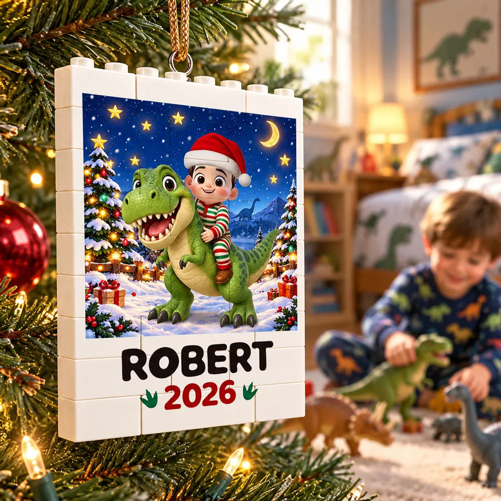 Personalized Building Block Ornament, Child Riding a Dinosaur in a Snowy Christmas Scene, Unique Gift for Grandkids