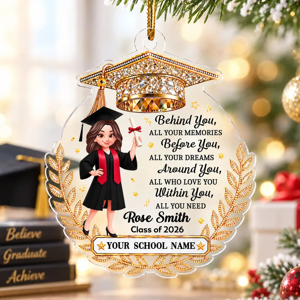 Personalized Acrylic Ornament, Graduate Holding Diploma, Gold Laurel, Unique Graduation Gift for Her, Him