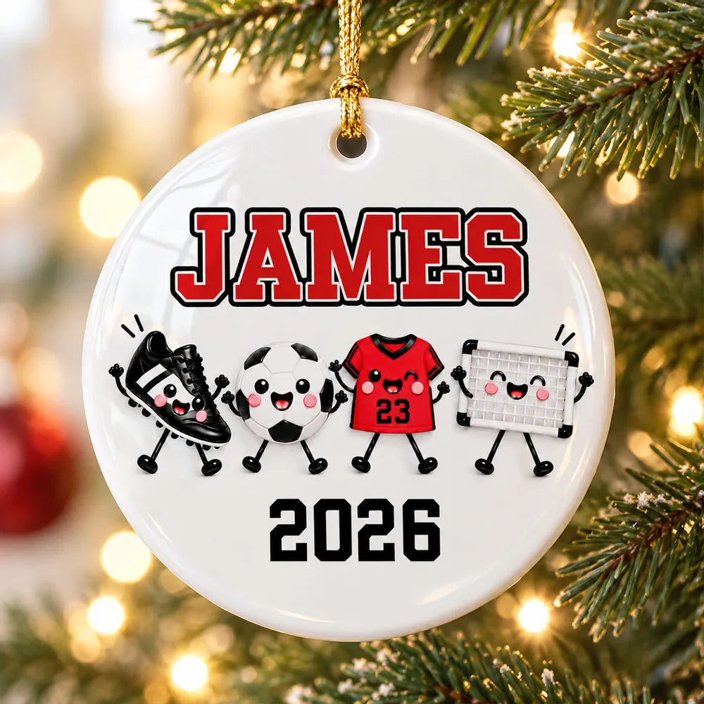 Personalized Soccer Ceramic Ornament, Cute Red Team Gear Christmas Keepsake, Unique Gift for Players & Fans