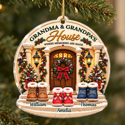 Personalized Acrylic Ornament, Snowy Grandparents' House with Kids' Boots, Unique Christmas Gift