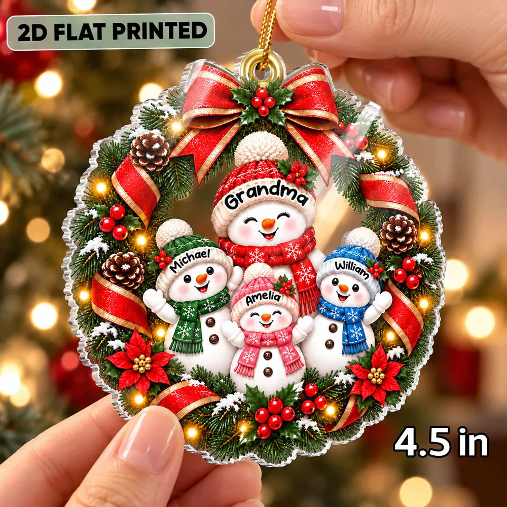 Grandma's Family Love Acrylic Ornament, Personalized Waving Snowman Wreath Keepsake, Creative Christmas Gift