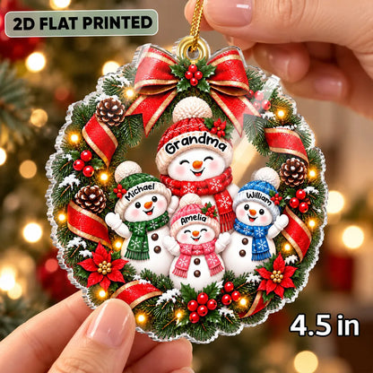 Grandma's Family Love Acrylic Ornament, Personalized Waving Snowman Wreath Keepsake, Creative Christmas Gift