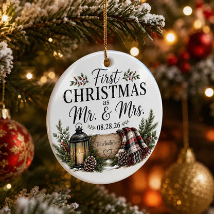 Personalized Ceramic Ornament, Rustic First Christmas as Mr & Mrs Keepsake, Unique Gift for Newlywed Couple