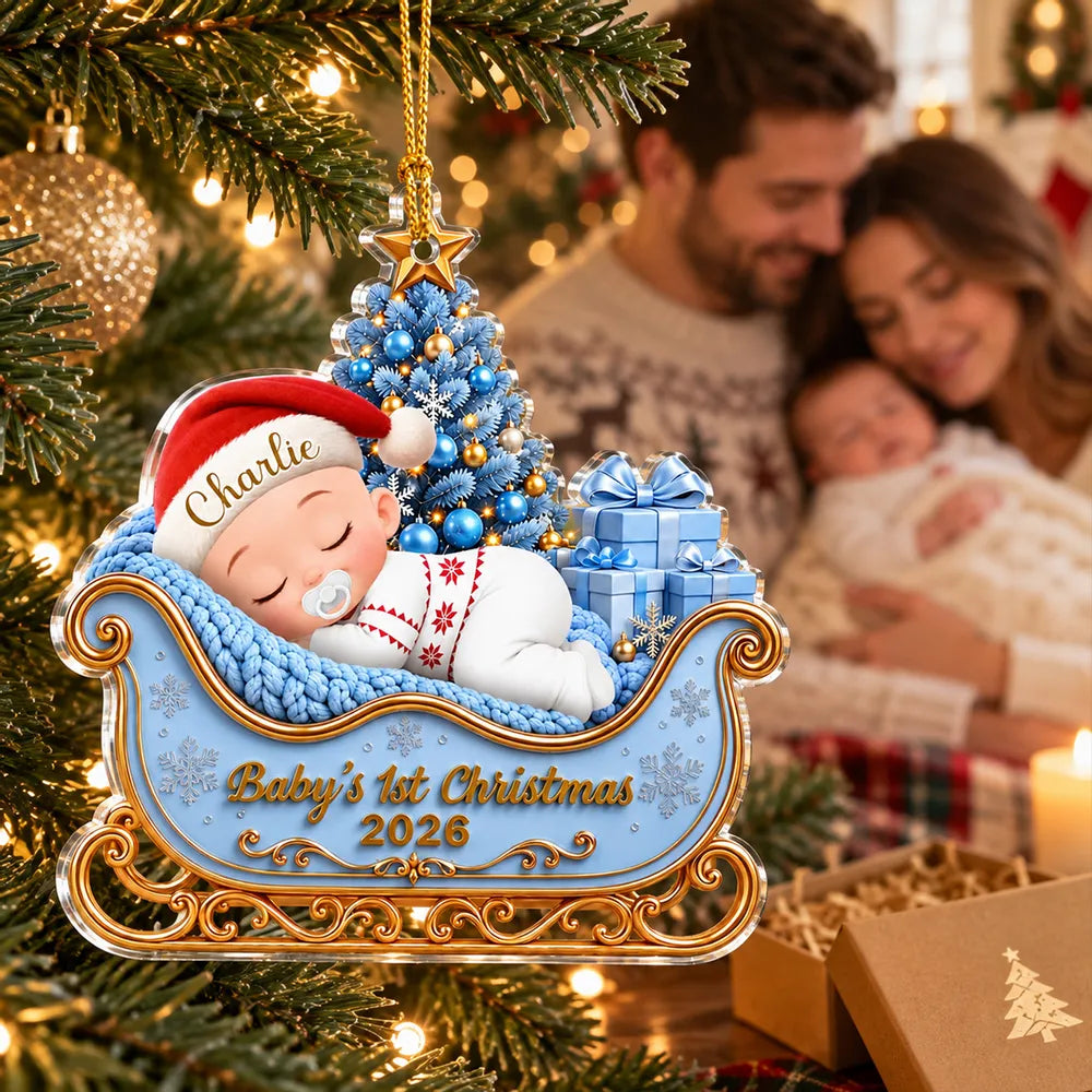 Personalized Baby's First Christmas Ornament, Sleeping Baby in Blue Sleigh, Unique Gift for New Parents