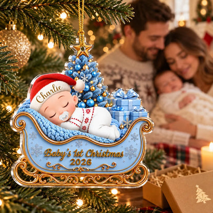 Personalized Baby's First Christmas Ornament, Sleeping Baby in Blue Sleigh, Unique Gift for New Parents