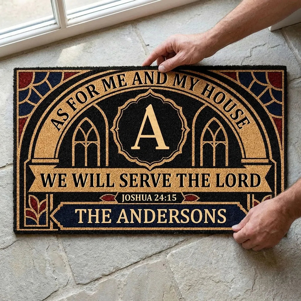 Personalized Standard Doormat, We Will Serve the Lord Bible Verse, Black and Gold Unique Housewarming Gift for Family