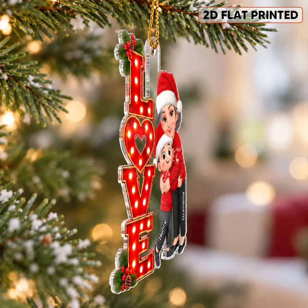 Personalized Acrylic Ornament, Grandma Hugging Granddaughter in Red Christmas Style, Creative Gift for Grandma