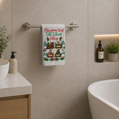 Personalized Christmas Kitchen Towel, Vintage Train in a Snowy Forest, Unique Gift for Family