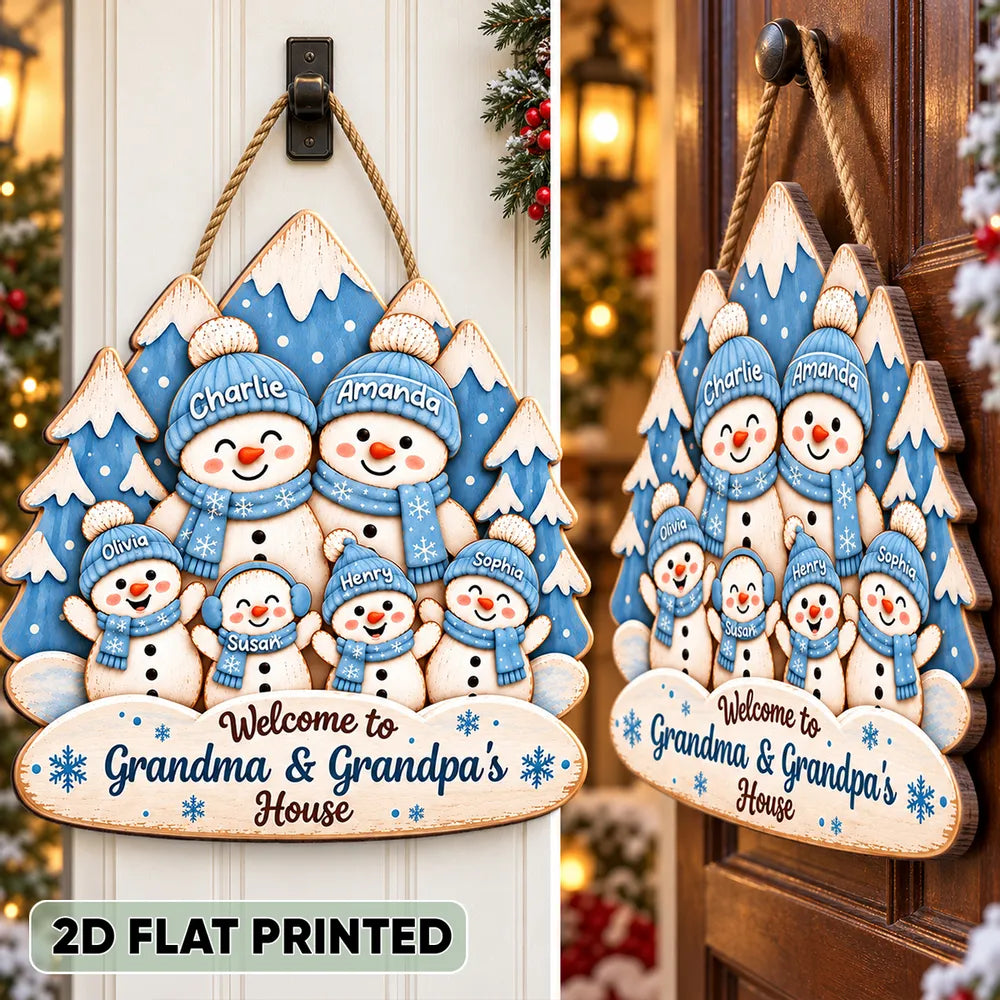 Personalized Wooden Sign, Waving Snowman Family in Blue Winter Forest, Unique Christmas Gift for Grandparents