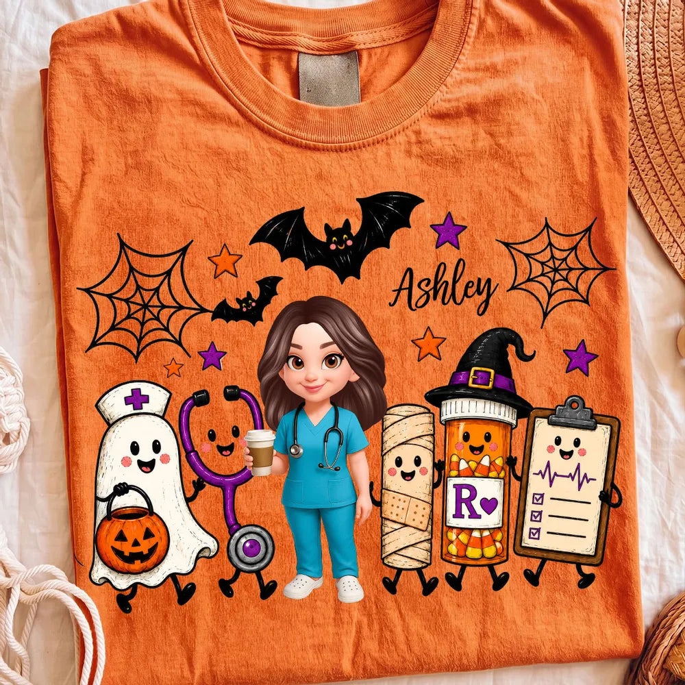 Classic Tee with Personalized Halloween Nurse Holding Coffee, Playful Medical Art, Creative Gift for a Nurse