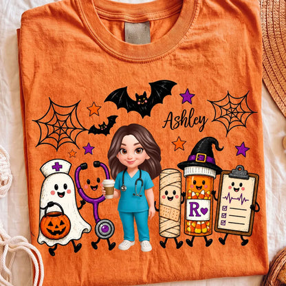 Classic Tee with Personalized Halloween Nurse Holding Coffee, Playful Medical Art, Creative Gift for a Nurse