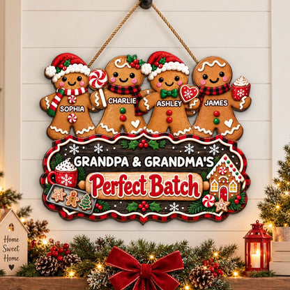 Personalized Wooden Sign with Gingerbread Family Standing Together, Christmas Decor, Unique Gift for Grandparents