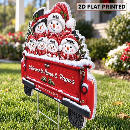 Personalized Shaped Yard Sign, Snowman Family Riding in a Red Truck, Christmas Decor, Unique Gift for Family