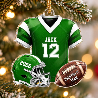 Personalized Acrylic Ornament, Green Football Jersey and Helmet, Unique Christmas Gift for Football Fans