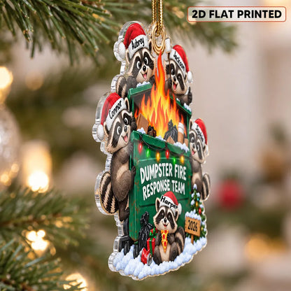 Personalized Acrylic Ornament, Funny Raccoons Around a Dumpster Fire, Snowy Christmas Decor, Unique Coworker Gift