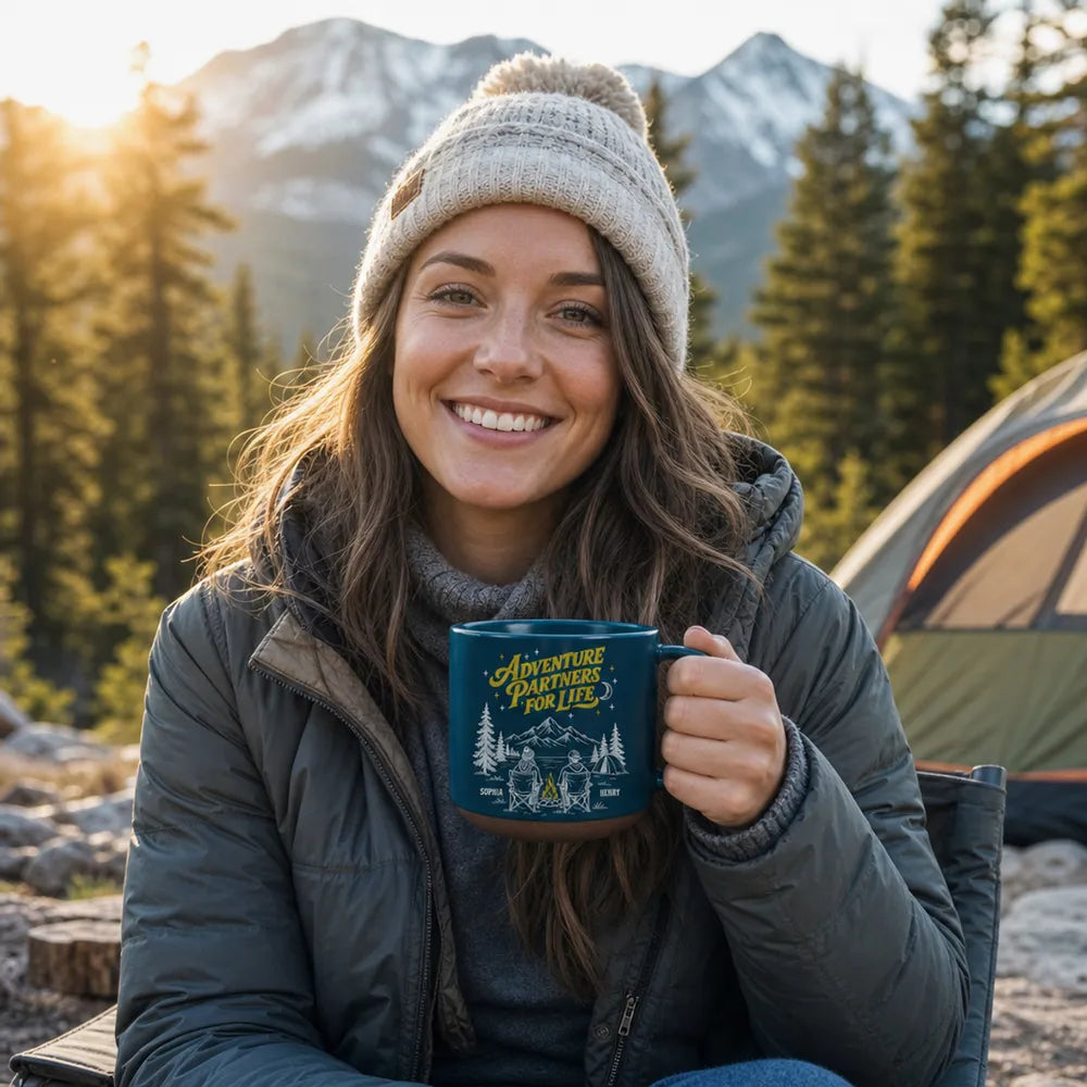 Adventure Partners for Life Personalized Pottery Mug, Mountain Camping Scene, Creative Gift for Your Partner