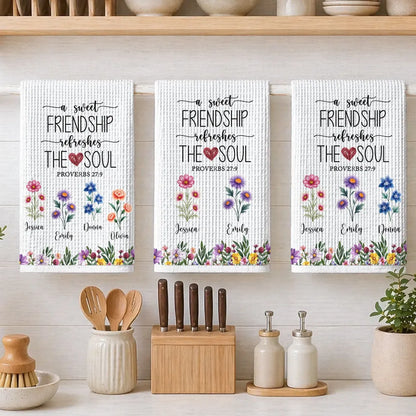 Personalized Kitchen Towel with Watercolor Flowers and Friendship Quote, Unique Gift for Kitchen Decor and a Close Friend