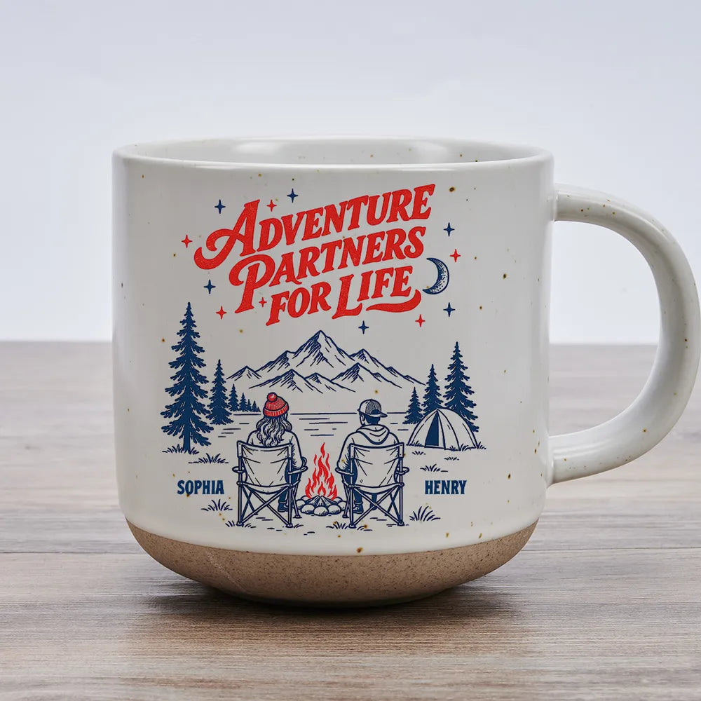 Adventure Partners for Life Personalized Pottery Mug, Mountain Camping Scene, Creative Gift for Your Partner