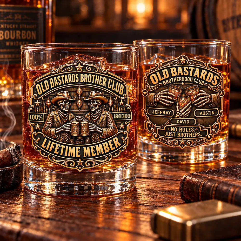 Personalized Whiskey Glass with Clinking Cowboy Skeletons in an Amber Bar, Unique Gift for Brother