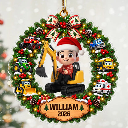 Personalized Acrylic Ornament With Boy on Excavator and Colorful Christmas Wreath, Unique Gift for Grandson