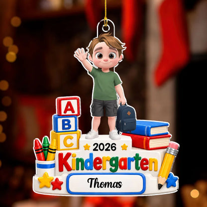 Personalized Acrylic Ornament, Child with Apple & Backpack, Kindergarten Scene, Unique Creative Gift for Kids