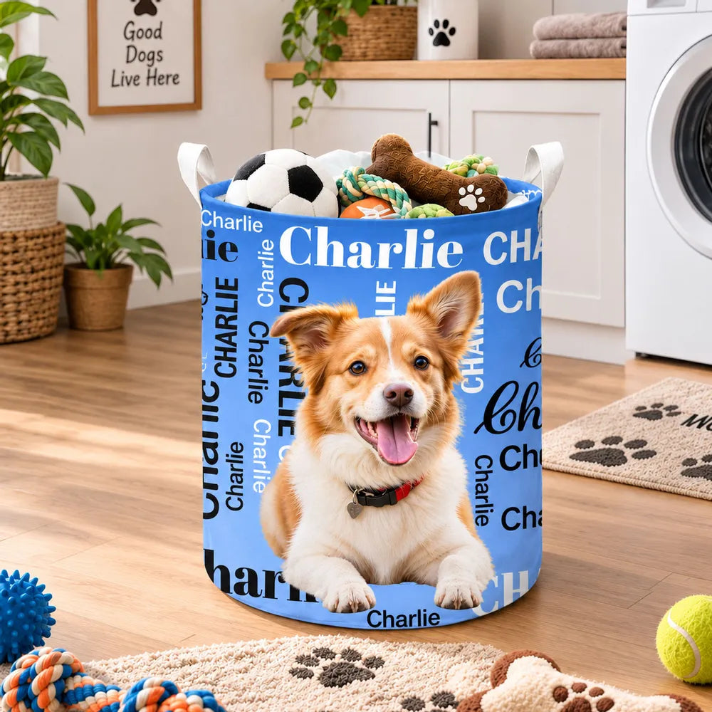 Personalized Round Waterproof Storage Basket, Waving Dog Portrait Organizer, Unique Gift for Pet Owners