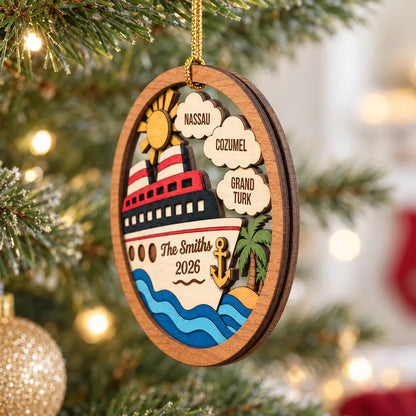 Personalized Family Cruise 2-Layer Wooden Ornament, Tropical Travel Memory, Creative Gift for Travelers