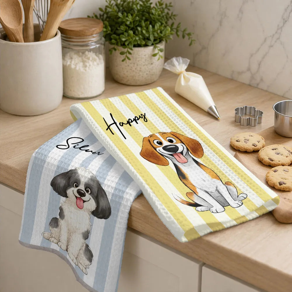 Personalized Kitchen Towel with Sitting Dog Illustration, Cheerful Decor, Creative Gift for Pet Owners