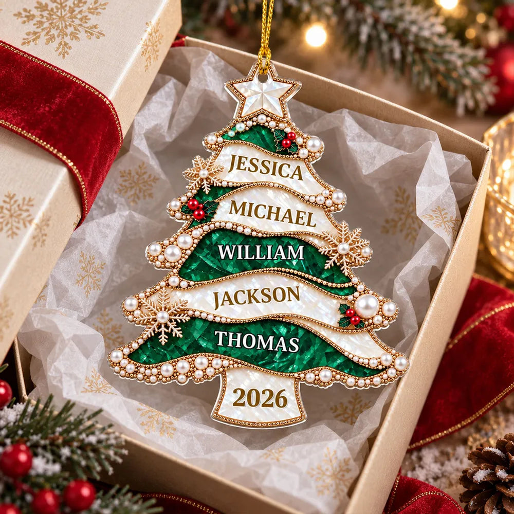 Personalized Acrylic Ornament, Jeweled Green Christmas Tree Design, Unique Family Gift and Festive Decor