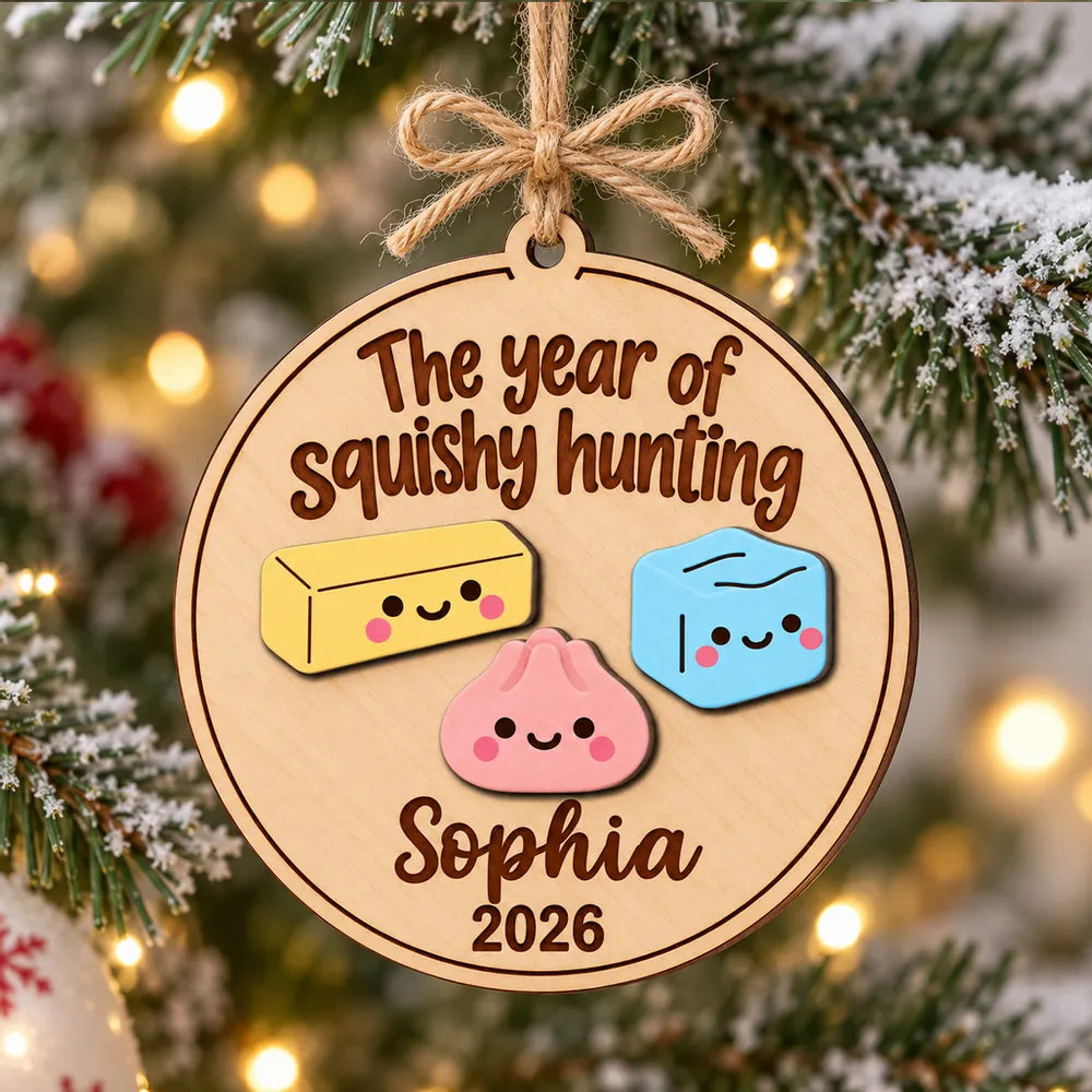 Personalized 2-Layer Wooden Ornament, Cute Squishy Design on a Lit Christmas Tree, Creative Gift for Collectors