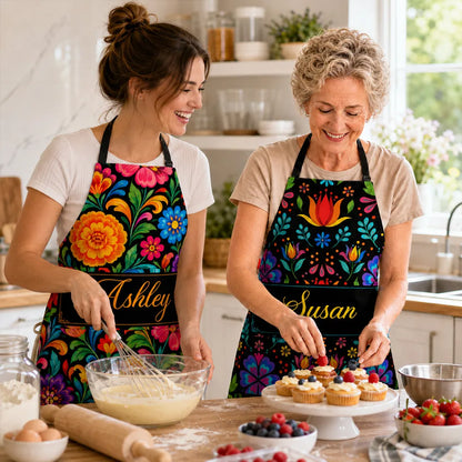 Personalized 4-Pocket Apron with Vibrant Folk Florals, Baking Together, Unique Gift for Mom