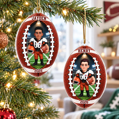 Personalized Acrylic Ornament, Custom Football Player on Stadium Field, Unique Christmas Gift for Son