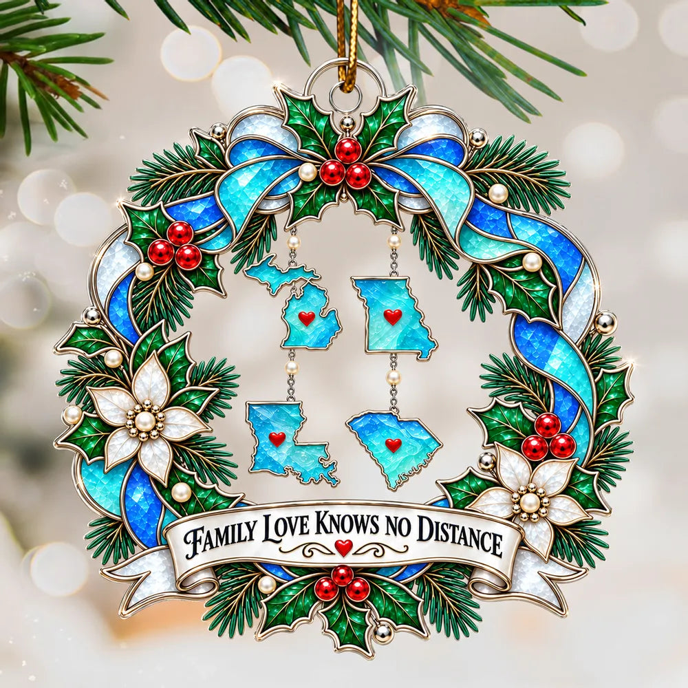 Personalized Acrylic Ornament with State Silhouettes, Blue Christmas Wreath, Unique Gift for Family