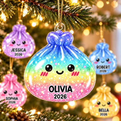 Personalized Acrylic Ornament, Smiling Dim Sum on a Lit Christmas Tree, Unique Creative Keepsake Gift for Family