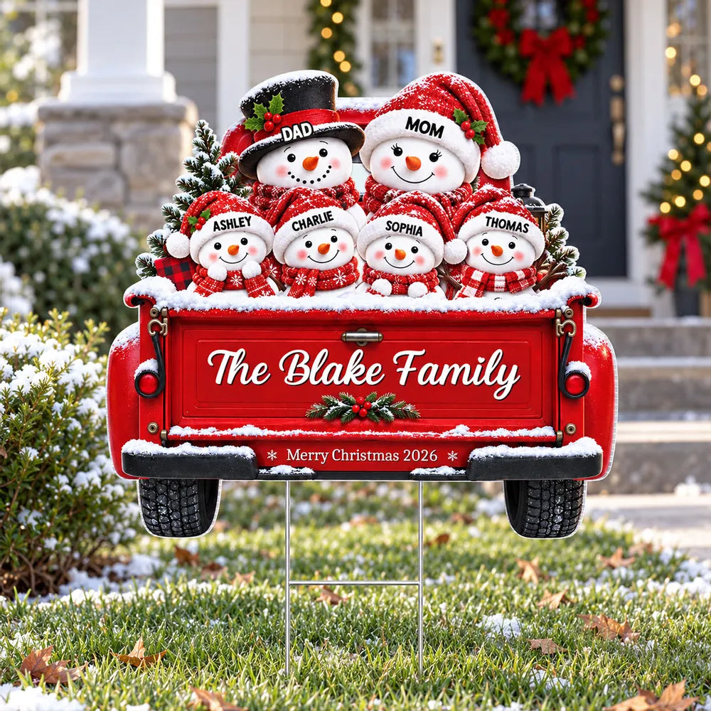 Personalized Shaped Yard Sign, Snowman Family Riding in a Red Truck, Christmas Decor, Unique Gift for Family