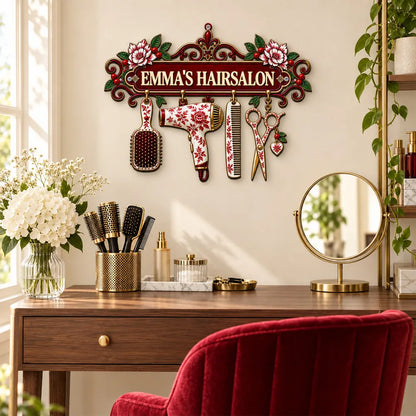 Personalized Shaped Metal Sign, Ornate Blue Floral Salon Tools Decor, Unique Gift for Hair Stylist