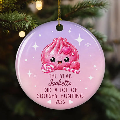 Personalized Ceramic Ornament, Cute Pink Squishy Hunting Design, Unique Christmas Gift for Squishy Fans