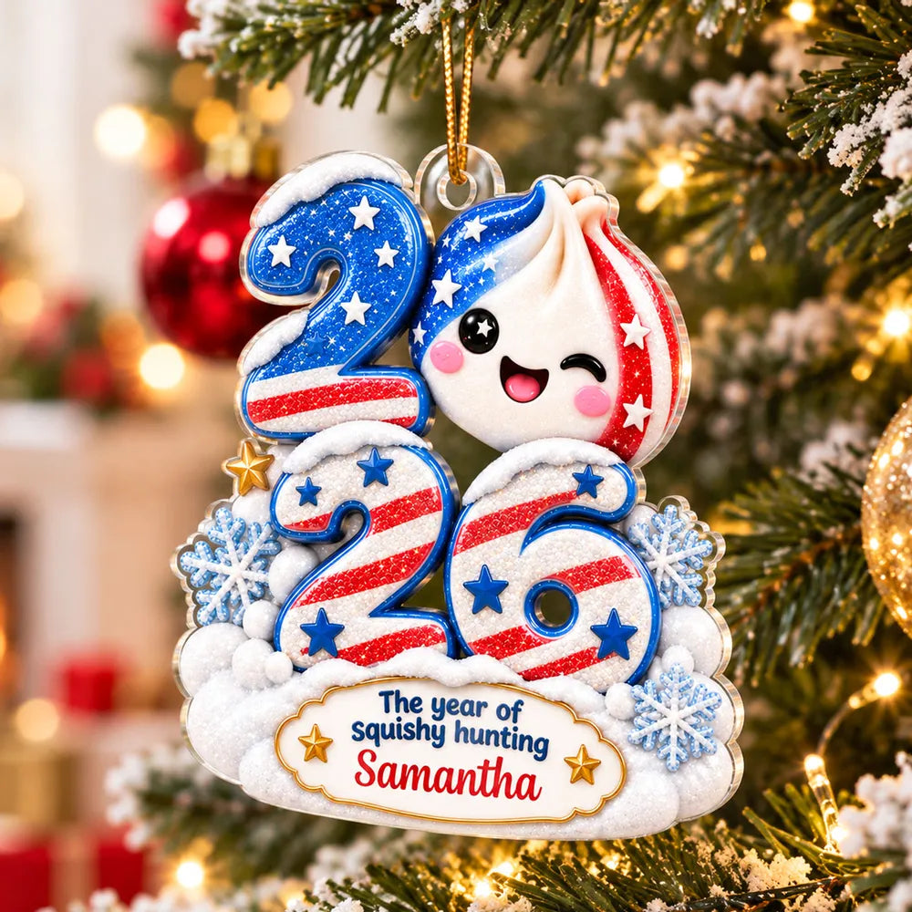 Personalized American Flag Squishy Hunting Christmas Ornament, Custom Name & Year, Fun Patriotic Keepsake for Teens