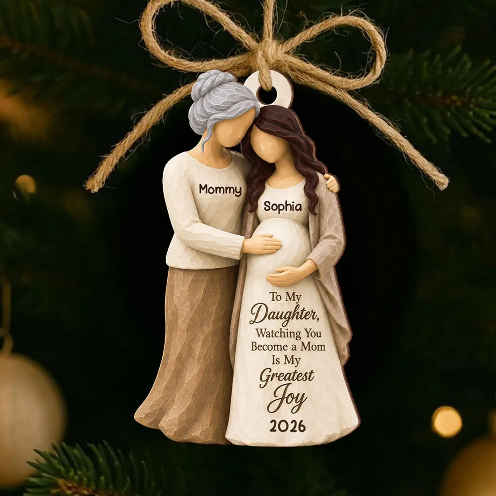 Personalized Wooden Ornament, Mother Hugging Pregnant Daughter, Unique Christmas Gift for Mom-to-Be
