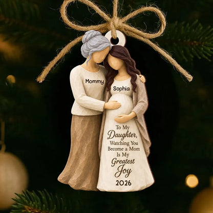 Personalized Wooden Ornament, Mother Hugging Pregnant Daughter, Unique Christmas Gift for Mom-to-Be