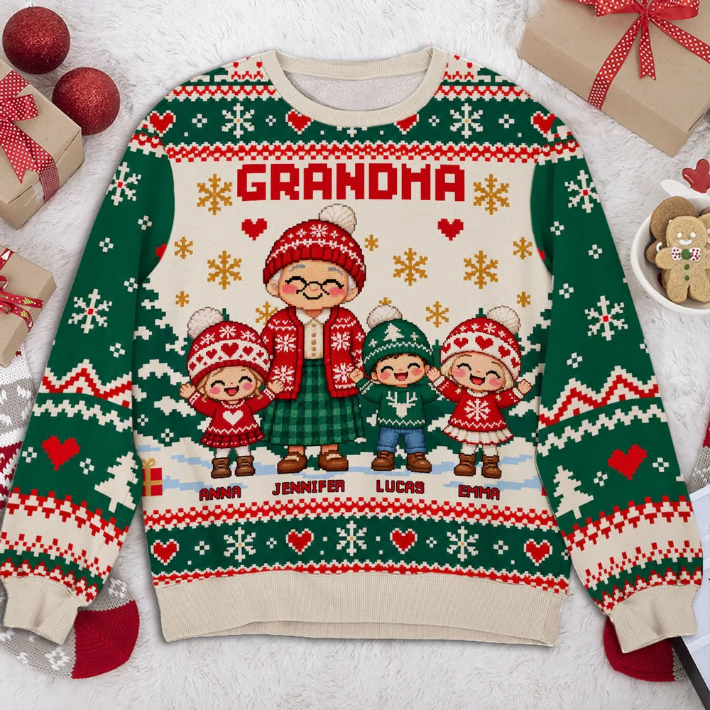 Personalized Printed Sweatshirt, Grandma Holding Hands With Grandkids, Unique Christmas Gift
