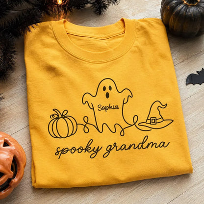 Personalized Spooky Grandma Classic Tee with Ghost Pumpkin and Witch Hat, Unique Halloween Gift for Grandma