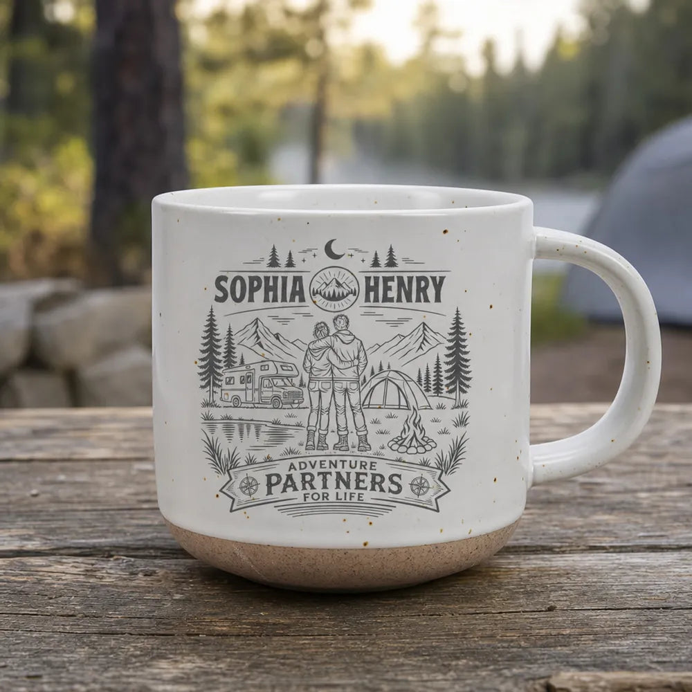 Personalized Pottery Mug, Embracing Couple at a Mountain Campsite, Unique Gift for Adventure Partners