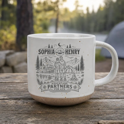 Personalized Pottery Mug, Embracing Couple at a Mountain Campsite, Unique Gift for Adventure Partners
