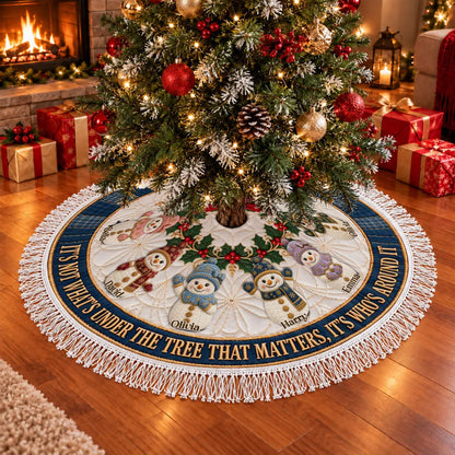 Personalized Plush Christmas Tree Skirt, Snowman Family Keepsake with Heartwarming Quote, Creative Gift for Families