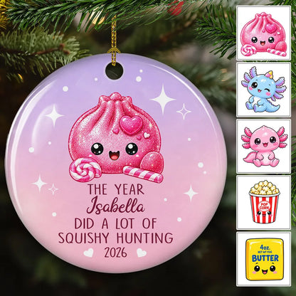 Personalized Ceramic Ornament, Cute Pink Squishy Hunting Design, Unique Christmas Gift for Squishy Fans