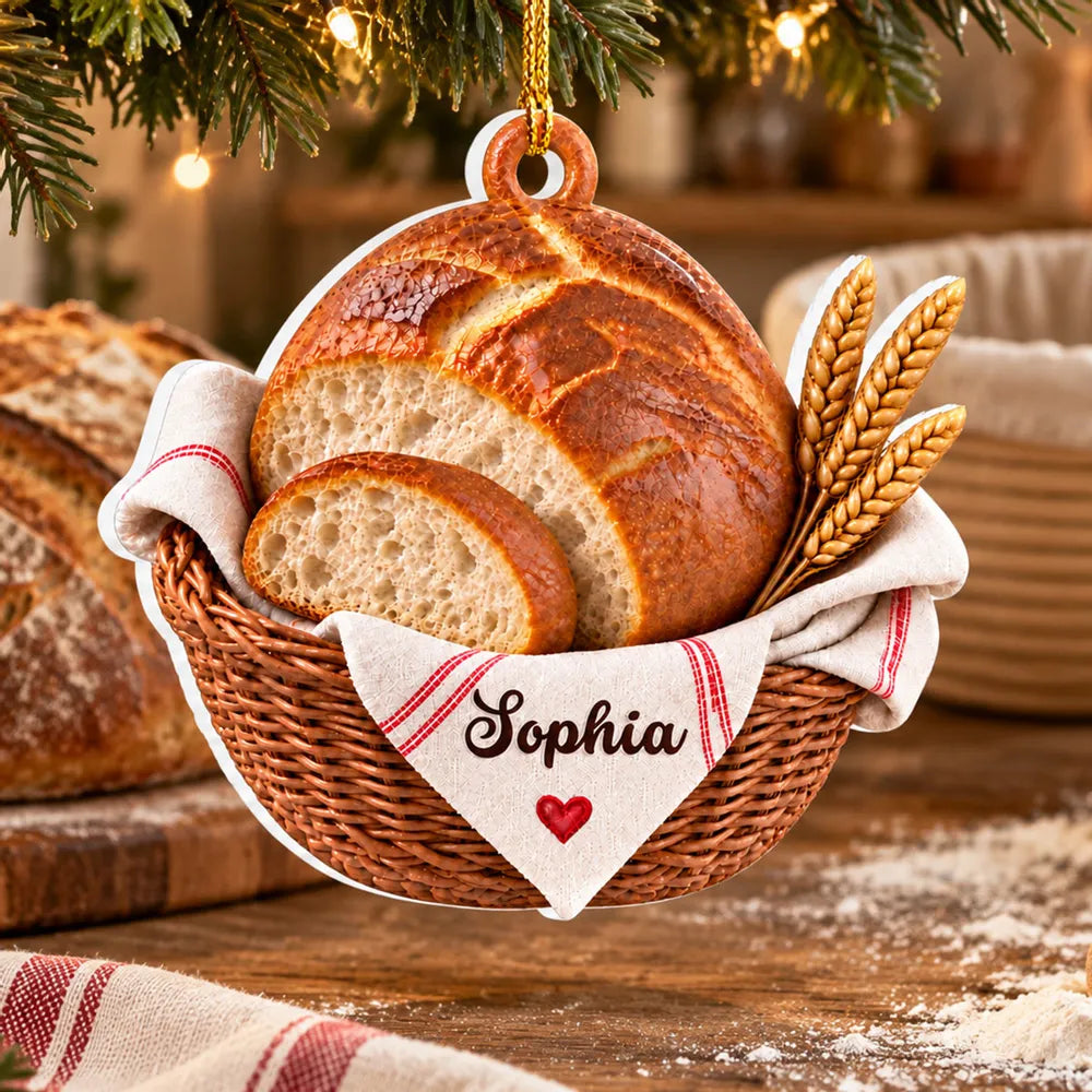Personalized Acrylic Ornament, Sourdough Bread Basket & Wheat on a Christmas Tree, Unique Gift for Home Bakers