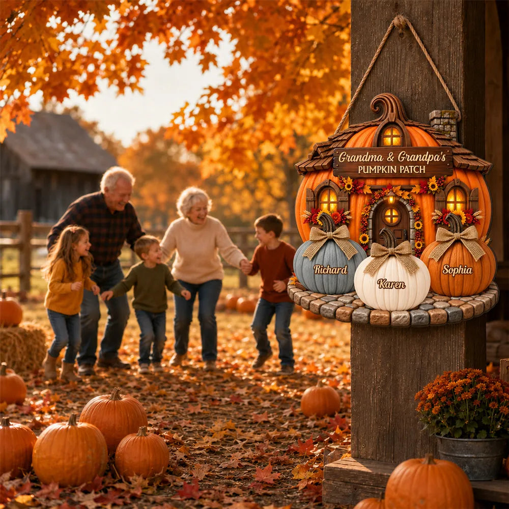 Whimsical Pumpkin Cottage Wooden Sign, Personalized Family Fall Decor, Creative Gift for Grandma & Grandpa
